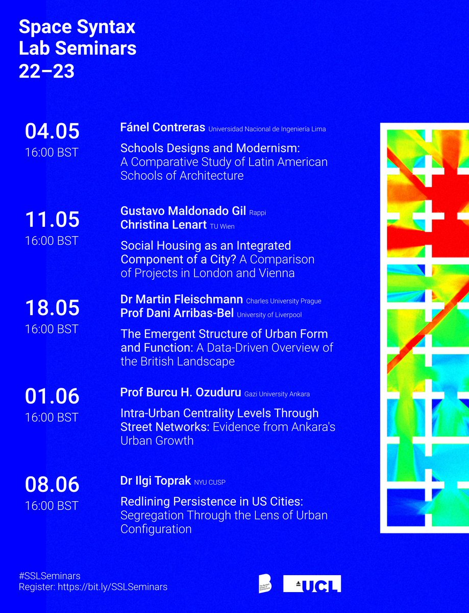 KimonKrenz's tweet image. Excited to announce the new term of the #SpaceSyntax Lab Seminars. We look forward to talks by Fánel Contreras, @GustavoMaldG & @Chr_Lenart, @martinfleis & @darribas, Burcu H. Ozuduru, and @ilgit0. #SSLSeminars
More details and registration below: bit.ly/SSLSeminars