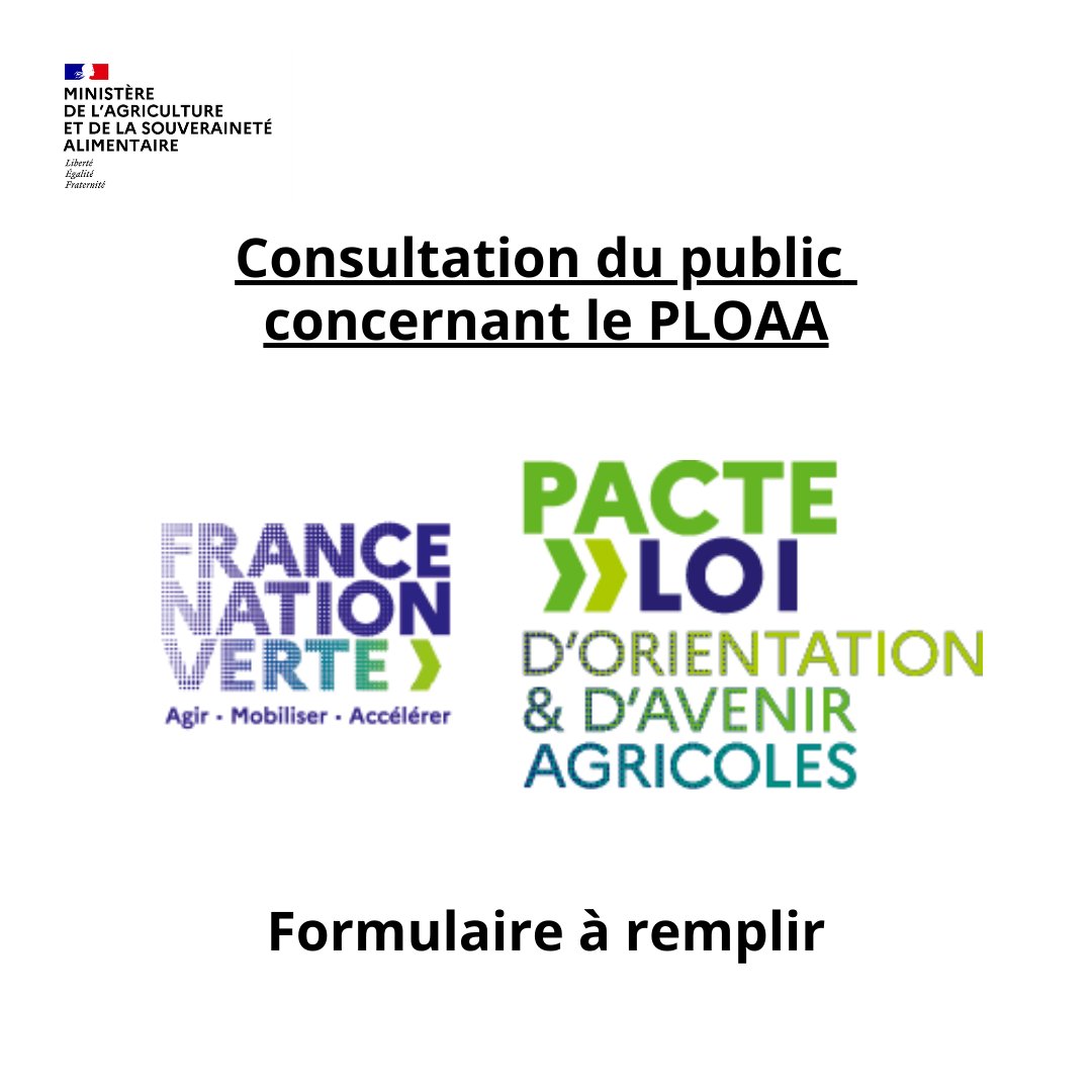 ⚠️[Nous avons besoin de vous !]⚠️
Le Ministère de l'Agriculture a mis en place un formulaire afin de consulter ses citoyens à propos de la PLOAA ✍️
N'hésitez pas à relayer le formulaire, il peut être décisif
pour l'avenir de notre agriculture et de notre
alimentation 👊
#PLOAA