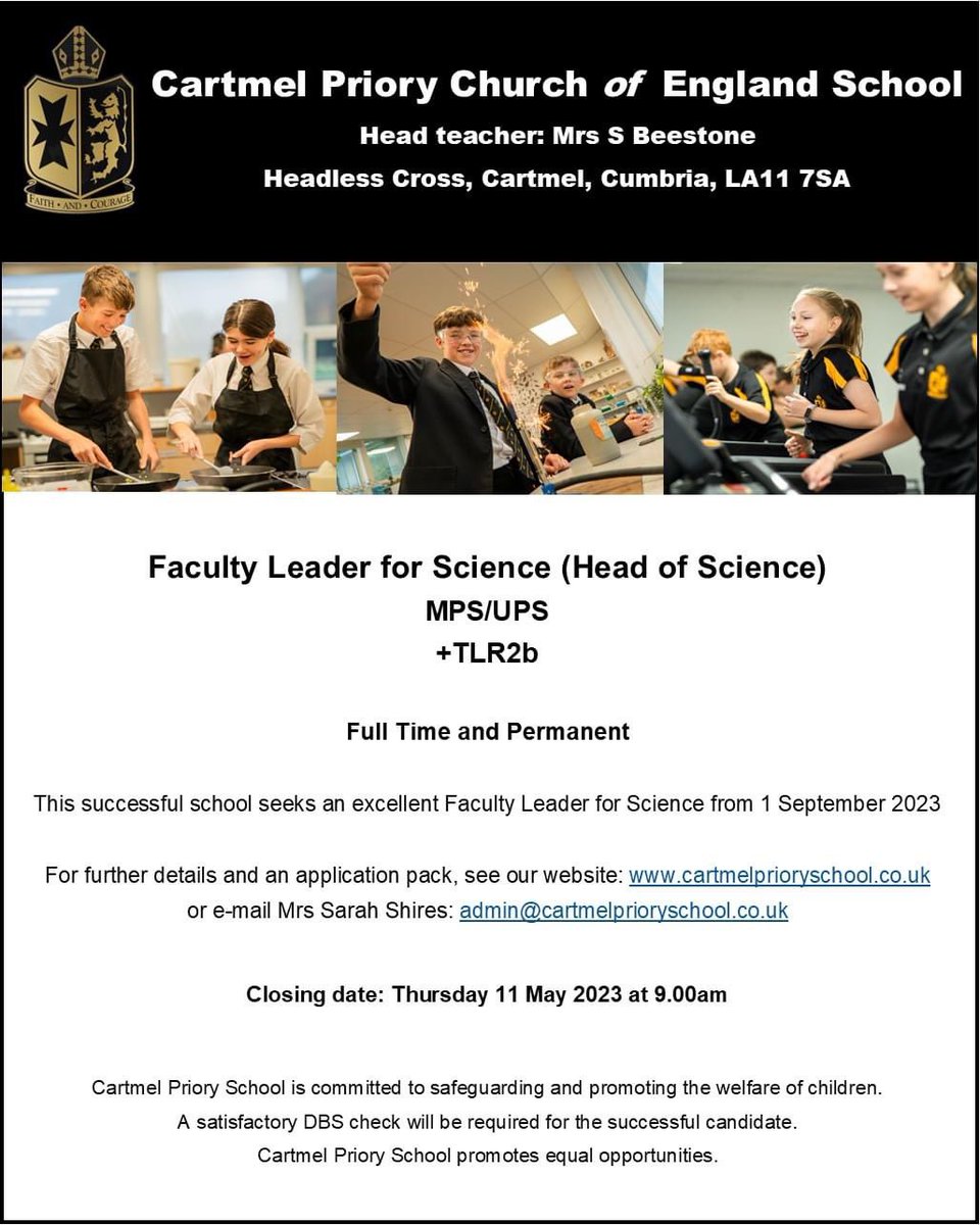 EmilyEason1's tweet photo. A fantastic opportunity for a Head of Science at our brilliant school 🎉. Please share! #HeadofSciencepost #LakeDistrictteachers https://t.co/7foOXGTeya