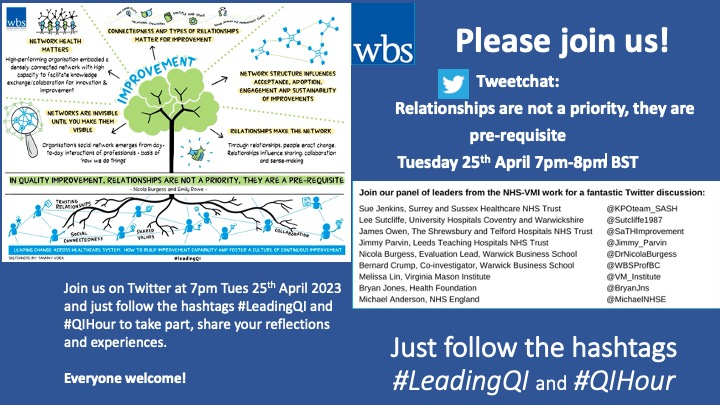 Tweetchat tonight at 7pm on building relationships as the foundations for QI: Follow #LeadingQI and #QIHour 'Social networks embody the relational infrastructure through which knowledge can be mobilised to facilitate collaboration for improvement' @DrNicolaBurgess