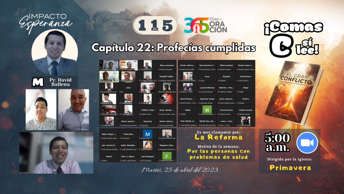 UbaldoBallena's tweet photo. Gratitud al Pr. David Ballena por el poderoso mensaje y a la iglesia Primavera por dirigir hoy el programa!!! 🙏🏻

✅ Clamamos por: La Reforma 📖
🔹 Por las personas con problemas de salud. 🙏🏻

#Día115 #365DíasDeOración #DMComasC #MiCOP #RID #ÉnfasisEspirituales #ÉnfasisMisioneros https://t.co/5lsW5r7GMh
