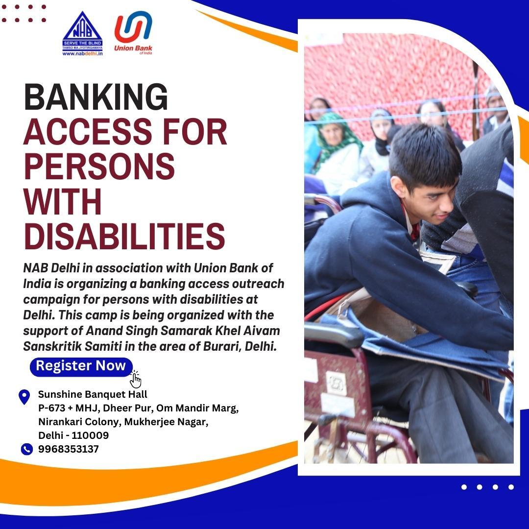 nabdelhionline's tweet photo. NAB Delhi in association with Union Bank of India and the support of Anand Singh Samarak Khel Aivam Sanskritik Samit is organizing a banking access outreach campaign for persons with disabilities in Delhi on April 30th, 2023. #NABD #BankingAccess #DisabilityInclusion https://t.co/jGbE6digBu