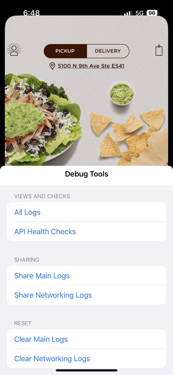 scottrules44's tweet photo. @ChipotleTweets  You left debug mode option on if you shake device on iOS https://t.co/6jhPNS1XZa