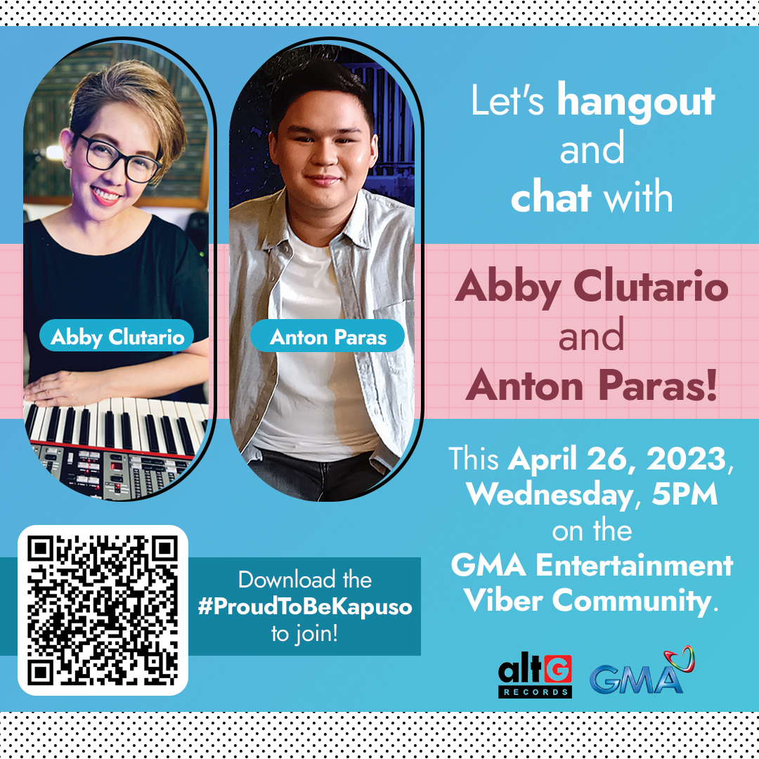 gmanetwork's tweet photo. Join AltG Records artists #AbbyClutario and #AntonParas for their very first Viber Chat session on the GMA Entertainment Viber Community tomorrow, April 26 at 5PM! See you, Kapuso! ❤️

Are you a part of the #GMAViberCommunity yet? Join HERE: https://t.co/MFDJsuXToy https://t.co/drIqQ4Uaj5
