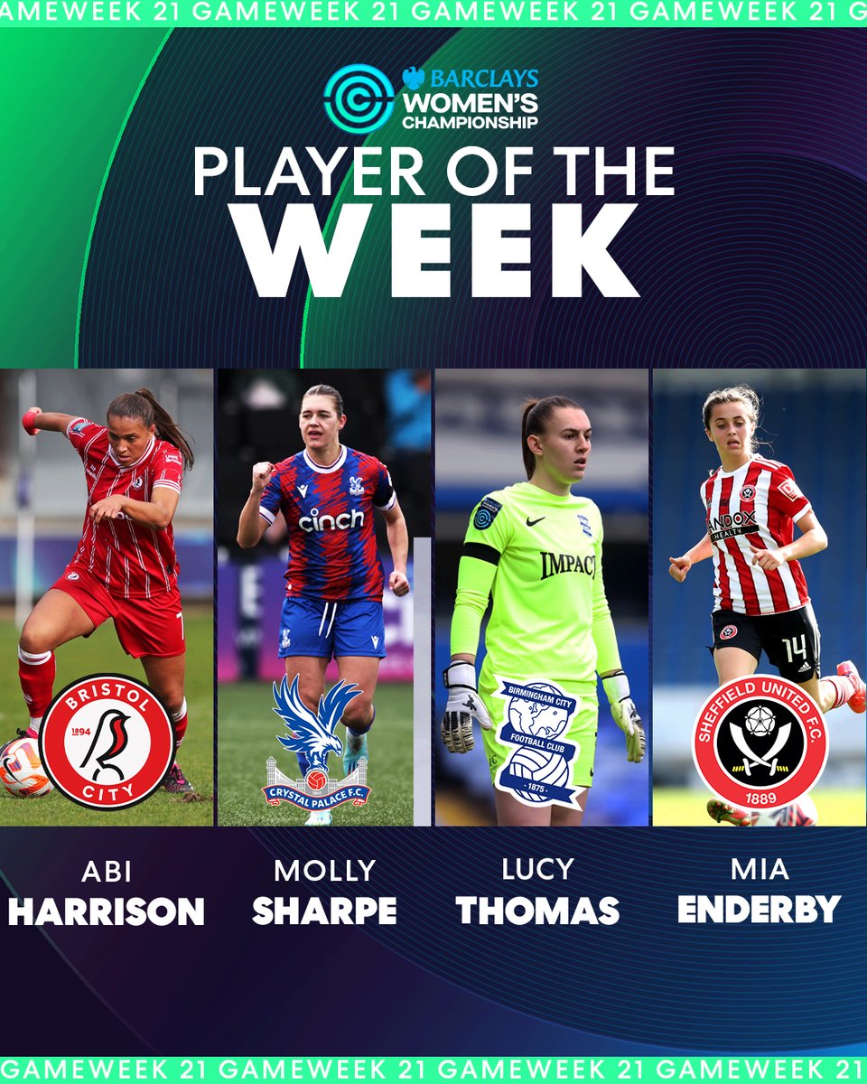 BarclaysWSL2's tweet image. It's that time ⏰

The nominees for the #BarclaysWC Player of the Week are in!

🌟 @abiharrison_
🌟 @mollysharpe_
🌟 @Thomas_Luc1
🌟 @enderby_mia