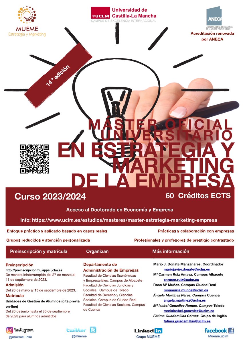Abierto el plazo de preinscripción en el Máster Universitario en #estrategia y #marketing de la empresa. Es una oportunidad para aprender con estudiantes y profesores internacionales y una metodología muy práctica. El @MUEME te abrirá nuevos horizontes profesionales
