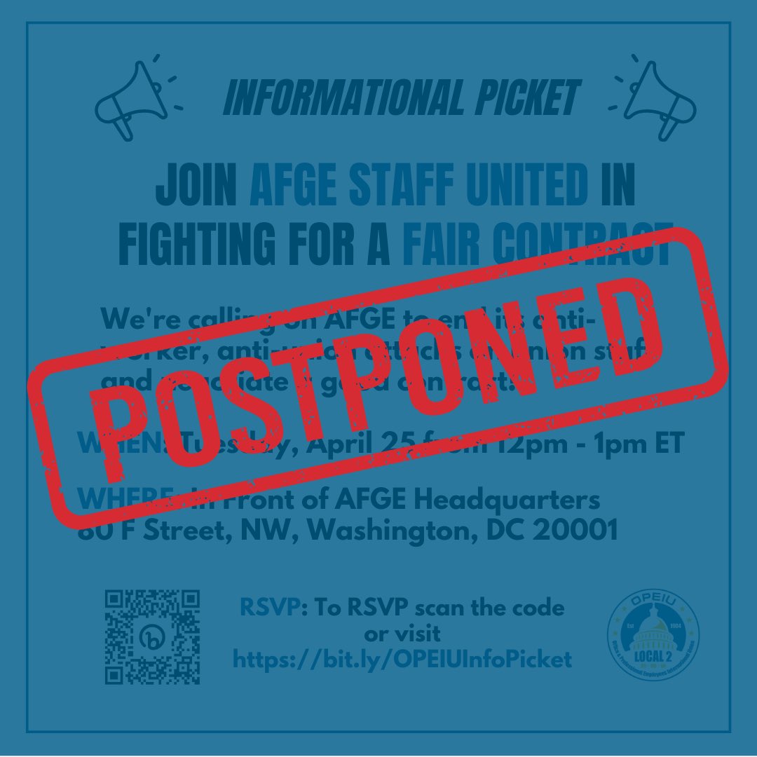 AFGEStaffUnited's tweet photo. We have currently reached a tentative agreement on a contract with AFGE management. Today’s action has been postponed pending the outcome. Thank you for your solidarity in our fight for a fair contract. #UnionRightsforUnionStaff #1u https://t.co/Ocxzg1DoGc