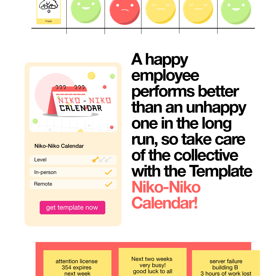 Klaxoon, a Wrike company (@klaxoon) on Twitter photo With the Niko-Niko Calendar #template, look after your #team’s well-being to make sure it works effectively.
Good #project #management is not just about organization and planning. Measure your team’s mood regularly to improve the way you work together 👉 klax.co/43R8Zc7 With the Niko-Niko Calendar #template, look after your #team’s well-being to make sure it works effectively.
Good #project #management is not just about organization and planning. Measure your team’s mood regularly to improve the way you work together 👉 klax.co/43R8Zc7