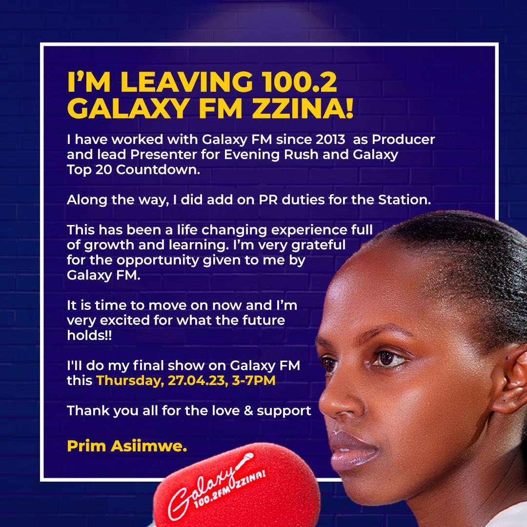 PrimAsiimwe's tweet image. I’m leaving #GalaxyFm . A place that has been and will always be HOME. 

Probably one of the toughest decisions I’ve ever had to make. 😊