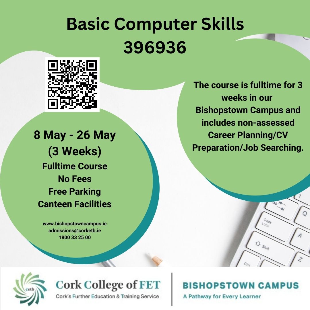 FETBishopstown's tweet image. Learn basic Computer Skills with Bishopstown Campus.  This 3 week, fulltime course is designed to give an appreciation and basic understanding of computers and the Internet. #computerskills #nofees #shortcourse #ThisIsFET. Limited places available.