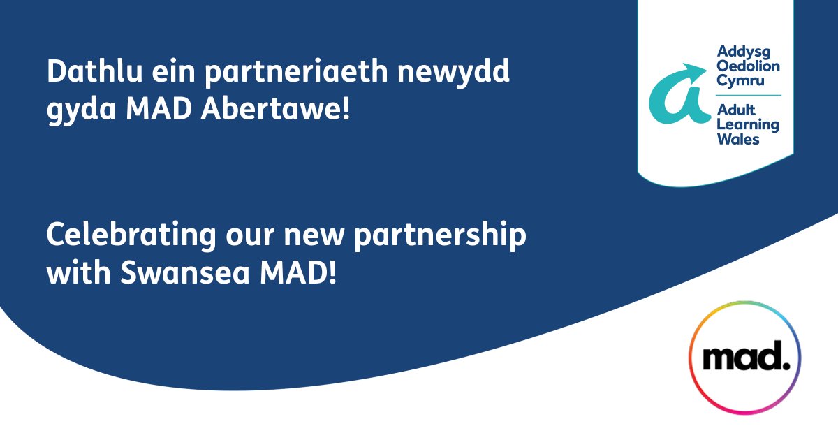 Dathlu ein partneriaeth newydd gyda MAD Abertawe!

Cliciwch yma i ddarganfod mwy: adultlearning.wales/cym/amdanom/am…

#addysgoedolioncymru #cymru #MADAbertawe