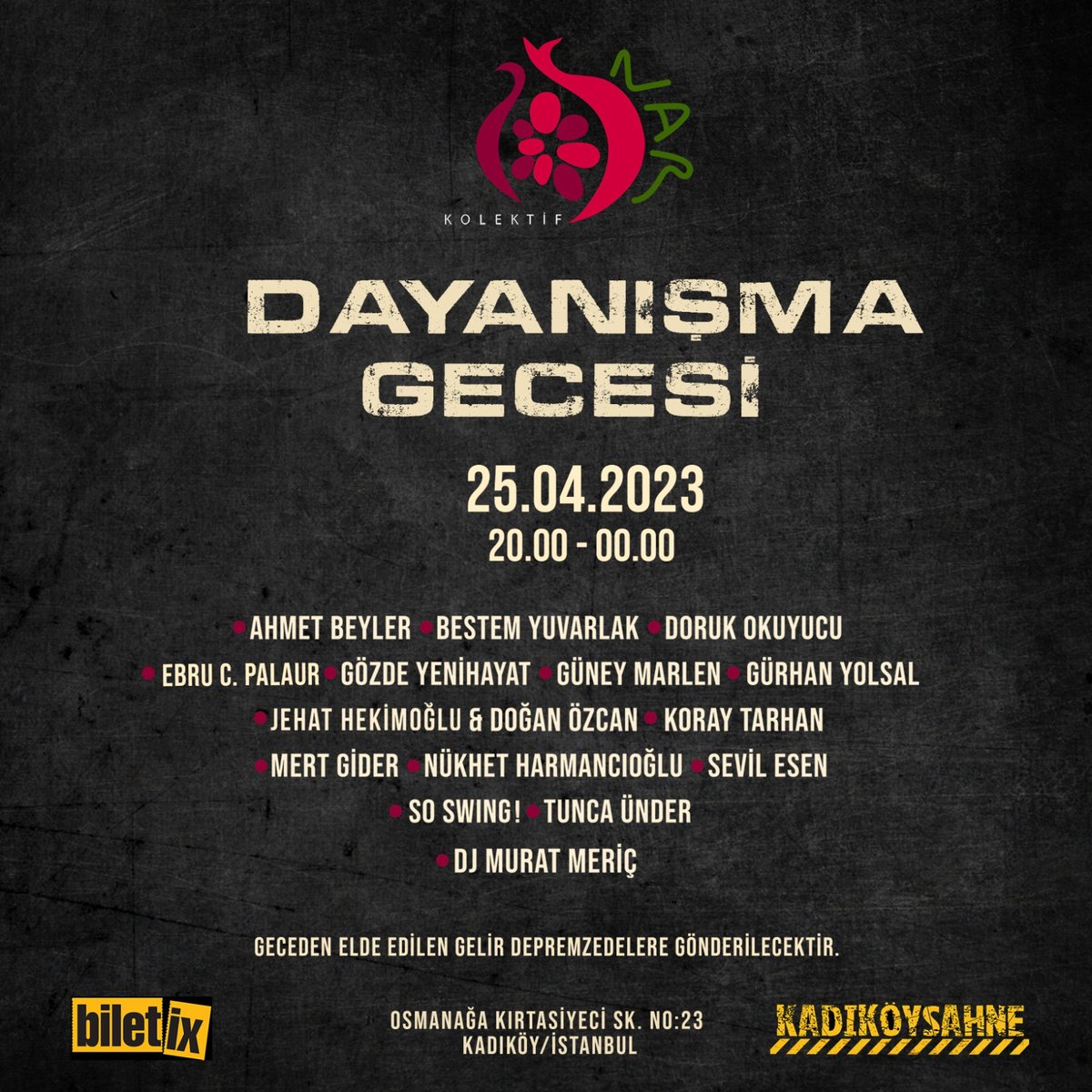 ezgiidil's tweet photo. Bu akşam @KadikoySahne 'deyiz. Bilet satışından elde edilen gelir @kadinsavunmasi aracılığı ile #hatay'daki kadınların ihtiyaçlarının temini ve direkt ulaştırılması için harcanacak. 
Dayanışmaya katılabilir, gönderiyi paylaşarak destek olabilirsiniz.

#dayanışmayaşatır #deprem https://t.co/3rM2UaPtQP