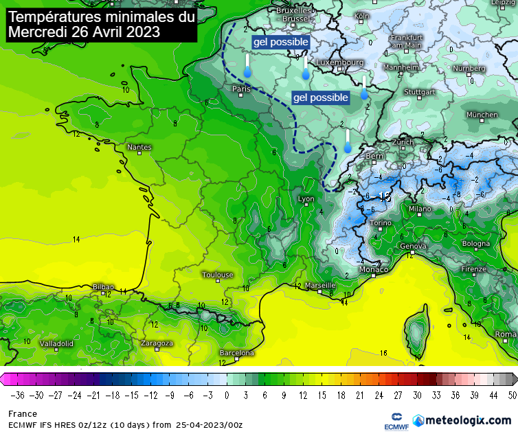 Meteovilles's tweet photo. 🔵 Demain mercredi 26 avril 2023, de faibles gelées seront possibles dans le nord-est du territoire, principalement dans les #HautsDeFrance et le #GrandEst. Souvent 0 à +2°C, localement -1°C. (via https://t.co/2hATX8qJwg) https://t.co/eEyTAImYxs