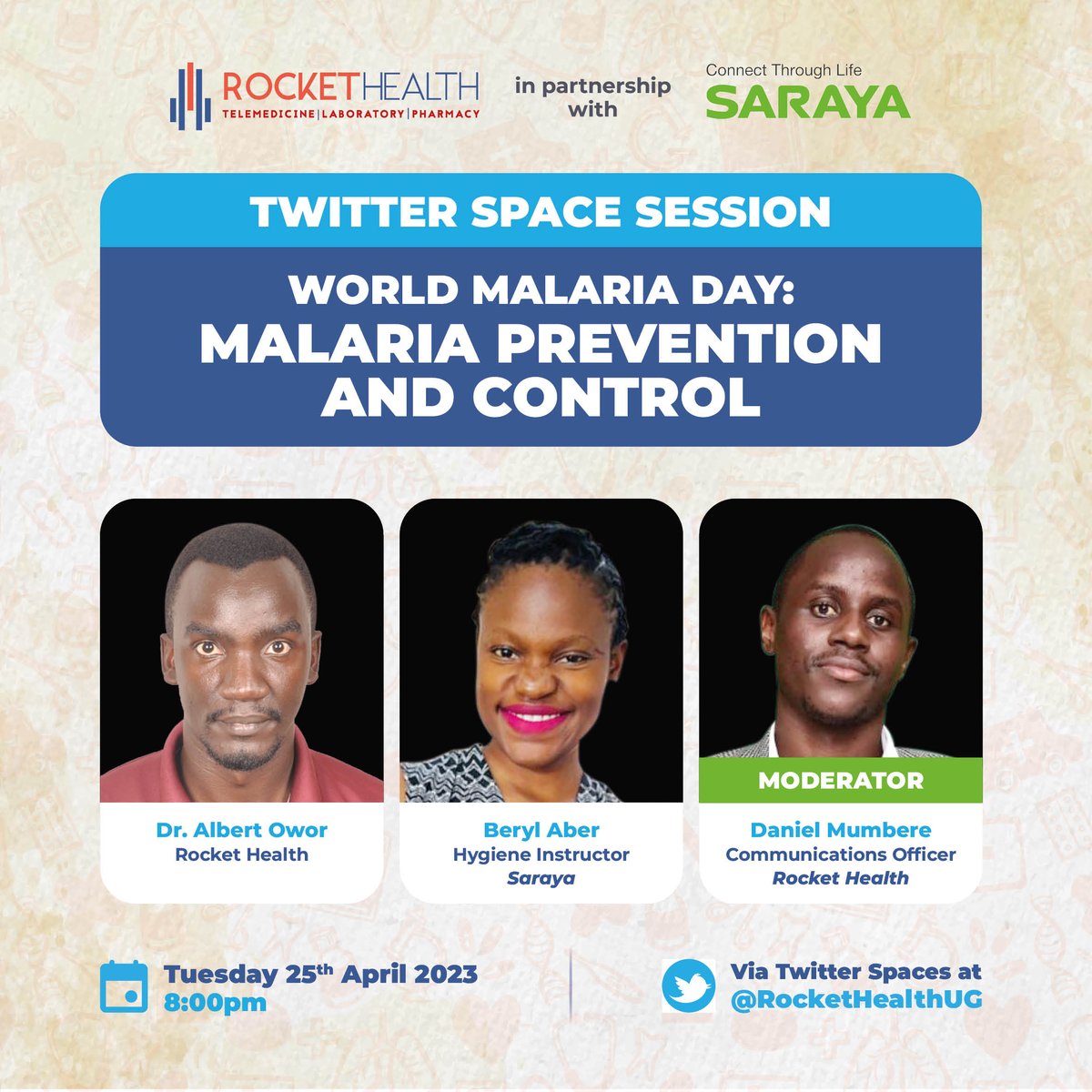 Join us today at 8:00 PM as we discuss with experts from @RocketHealthUG, about how we can prevent and control malaria.
We also have gifts for you, so tune in, listen and win 🥳🥳
#FightTheBite #FightMalaria #Malariaday