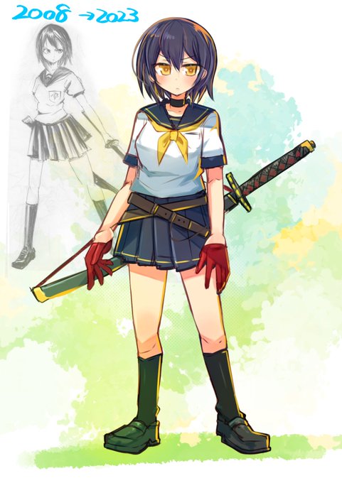 15年前のラフを発掘して描き直してみましたその2。
むかしはセーラー服帯刀女子高生よく描いてた気がする 