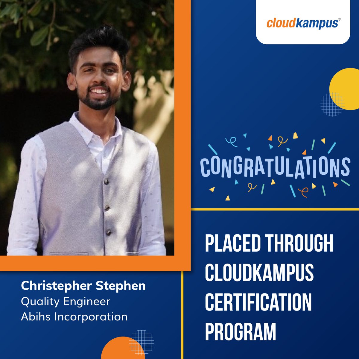 cloudkampus1's tweet image. Revving up to success! Congratulations to Christepher Stephen for securing a Quality Engineer position at Abihs Incorporation through our placement program. We're proud to have been a part of your journey.
#Realplacementstories #OnlyatCloudkampus #placementprogram #SuccessStory