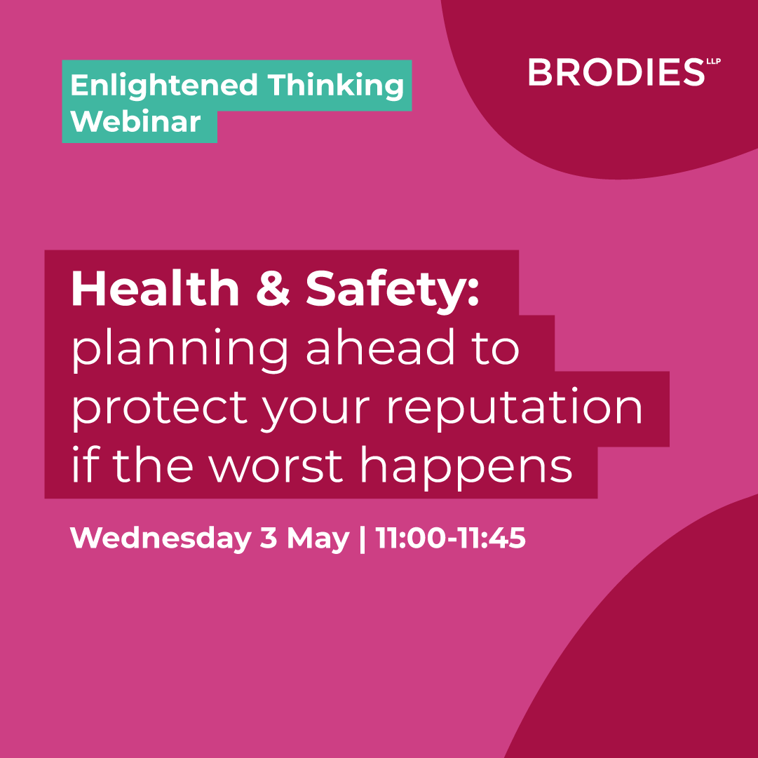 BrodiesLLP's tweet photo. Looking for practical tips on how to plan ahead and protect your organisation's reputation following a serious health and safety incident? We'll cover everything you need to know in our webinar on 3 May. Sign up at: https://t.co/PsqvwXZejY

#HealthAndSafety #HealthAndSafetyAtWork https://t.co/ZPeeJZ5GxG
