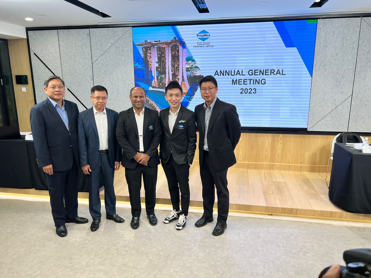 PropNexRealty's tweet photo. A Big Thank You to our management, team leaders, salespersons, home investors, staff and shareholders who selected PropNex as your choice agency.  We held the Annual General Meeting (AGM), sharing the Group's FY2022 performance with full-year revenue surpassing S$1.03 b. https://t.co/JUaL4oKZgw