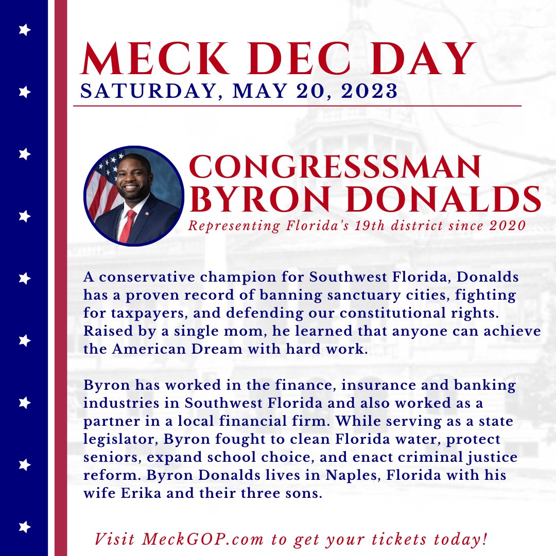 meckgop's tweet photo. We are beyond excited to welcome Congressman Byron Donalds to Mecklenburg County! 

Tickets on sale now: https://t.co/xORET9OAvz

#meckGOP #NCGOP #GOP #RNC #CLT #Mecklenburg #MeckDec #republican #conservative #byrondonalds #charlotte #queencity #firstinfreedom https://t.co/ph4zriFKHa