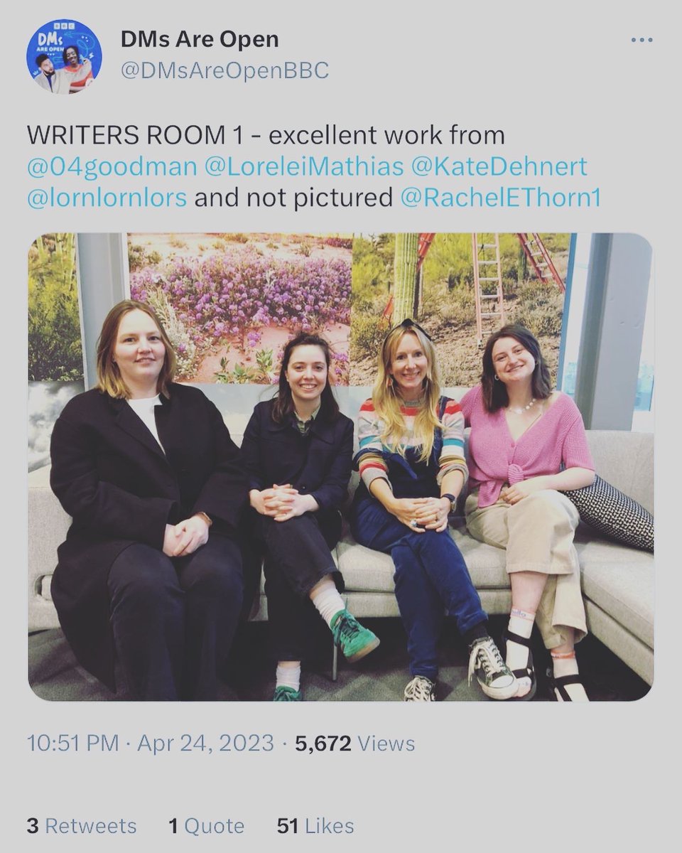 LoreleiMathias's tweet photo. Gabrielle moment! Loved doing my first #writersroom at @DMsAreOpenBBC @BBC  @bbcstudios inside a room called Inside No.9 :) Thanks for having me, and good luck to all the other submitters! Can’t wait to watch the live show next week #womenincomedy #sketchcomedy #dreamscancometrue https://t.co/JRE6G4ErwG