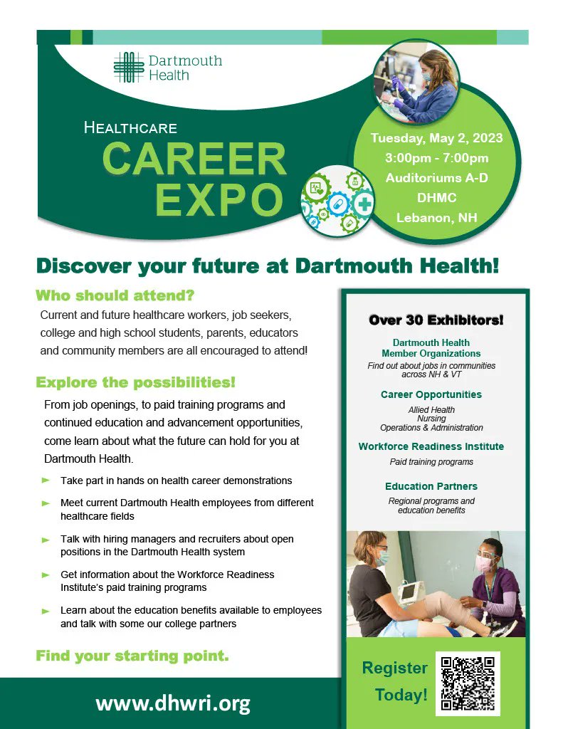 Mark your calendars for the upcoming Career EXPO on May 2nd from 3-7pm.  There will be demos, skills activities, equipment and stories to bring the work of healthcare to life. 

The focus on the event is career awareness and then connection to growth, education and next steps.