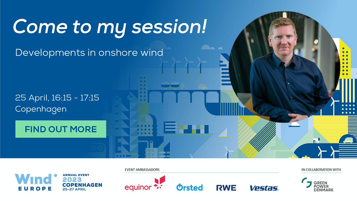 Today @RenewableUKCEO Dan McGrail will be speaking at the annual @WindEuropeEvent's conference #windeurope2023 in #Copenhagen! 🌍

Join Dan for the session 'Developments in onshore wind' chaired by Giuseppe Costanzo, @WindEurope  Markets & Wind Energy Technology Analyst at the…