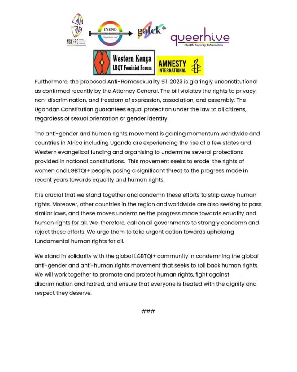 NGLHRC's tweet photo. Attention all!
Today we stand in solidarity with our Ugandan siblings during the Global Day of Action against the AHB 2023 
We urgently call for solidarity to demand that the Anti-Homosexuality Bill is not assented to by President Museveni.
#SayNoToAHB23 https://t.co/Y2e0sqkjdk