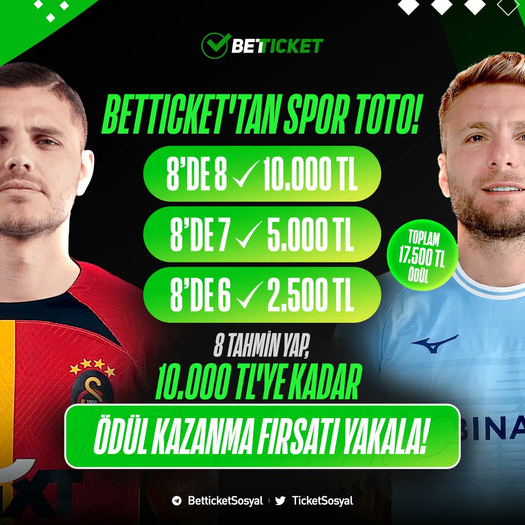 💸 TAM 17.500 TL ÖDÜL DAĞITIYORUZ! 💸

⚽️ Betticket'tan 𝐒𝐏𝐎𝐑 𝐓𝐎𝐓𝐎!

🟢 17. Hafta Katılımları aktif!

8’de 8 ✅ 10000 TL

8’de 7 ✅ 5000 TL

8’de 6 ✅ 2500 TL

🔄 RT'le, beğen, 3 kişiyi etiketle ve tahminlerini yap!

💸 Etkinliğe Katıl: buff.ly/41DiZUz