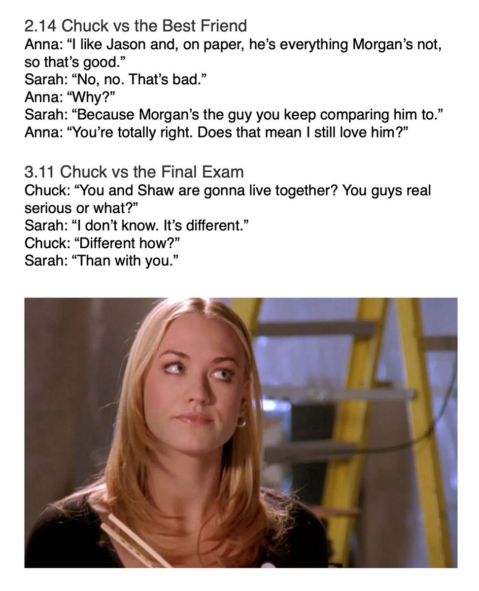 oh_chuck_me's tweet photo. What does that comparison mean, Sarah?
#Chuck #Charah https://t.co/Q06GrqXsq3