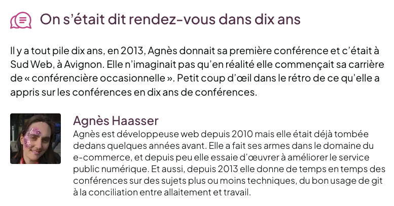 Petit tour du programme : On s'était dit rendez-vous dans dix ans, par Agnès Haaser (@tut_tuuut), à #SudWeb 2023. #10ansDeConférences

C'est à Sud Web, inscrivez-vous pour ne pas manquer cela : sudweb.fr/2023/billetter…