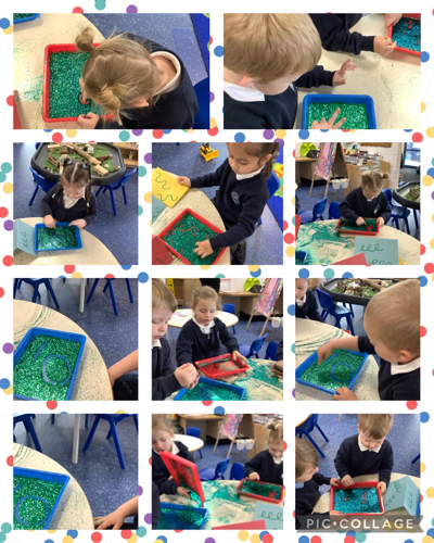 Nursery have been busy this week, mark making with glitter trays.  We have had lots of fun and built up our finger muscles and fine motor control, all ready for writing.
