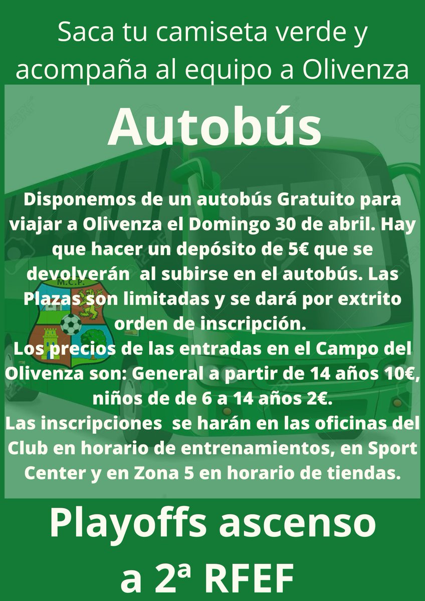 FASE DE ASCENSO A 2ª RFEF 

⚽ OLIVENZA FC 🆚 MORALO CP
📆 DOMINGO 30 ABRIL
🕑 20:00 H 
🏟 CAMPO RAMON ROCHA MAQUEDA

¡ATENCIÓN! PLAZAS LIMITADAS EN EL AUTOBUS. DEPOSITO DE 5€ AL HACER LA RESERVA 

¡Queremos seguir haciendo historia y queremos que TÚ también seas parte de ella!