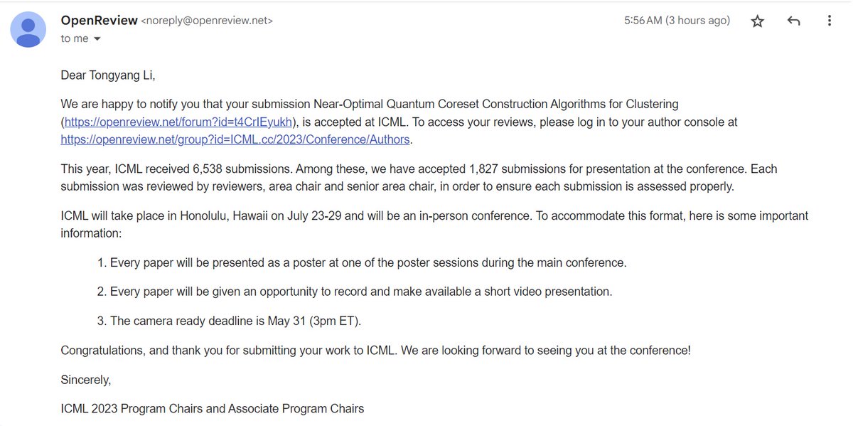 Two papers got accepted in ICML 2023! One on quantum lower bounds for finding stationary points of nonconvex functions, and the other on near-optimal quantum coreset construction algorithms for clustering.

Congrats my student Yecheng Xue for her first paper at top conferences!