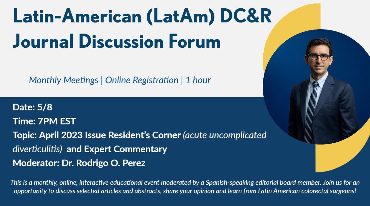 Anoten en sus agendas y inviten a sus fellows/residentes!! Diverticulitis no complicada necesita antibióticos?!? Fórum de discusión de trabajos de <a href="/DCRjournal/">DCRjournal</a> con <a href="/CBonitoAlba/">Alba Correa</a> <a href="/GustavoRossiMD/">Gustavo Rossi MD PhD</a> <a href="/Leo708/">Leonardo Bustamante-Lopez, M.D. Ph.D</a> <a href="/AMattacheo/">Adrián Mattacheo</a> <a href="/ffquezad/">Felipe Quezada Diaz</a> <a href="/jcpatron/">Juan C Patrón Uriburu</a> 8 de mayo!! 19hs EST