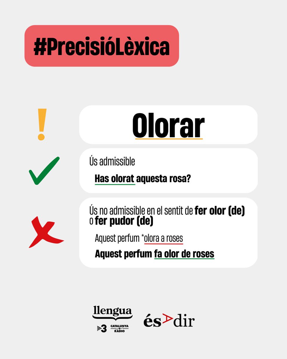 LlenguaTV3CR's tweet photo. La #PrecisióLèxica d'avui➡️Usos admissibles i #NoAdmissible del verb 'olorar'👇
🔗https://t.co/3kNvfmacgX
#LlenguaTV3CatRàdio https://t.co/qWzoa9qd7t