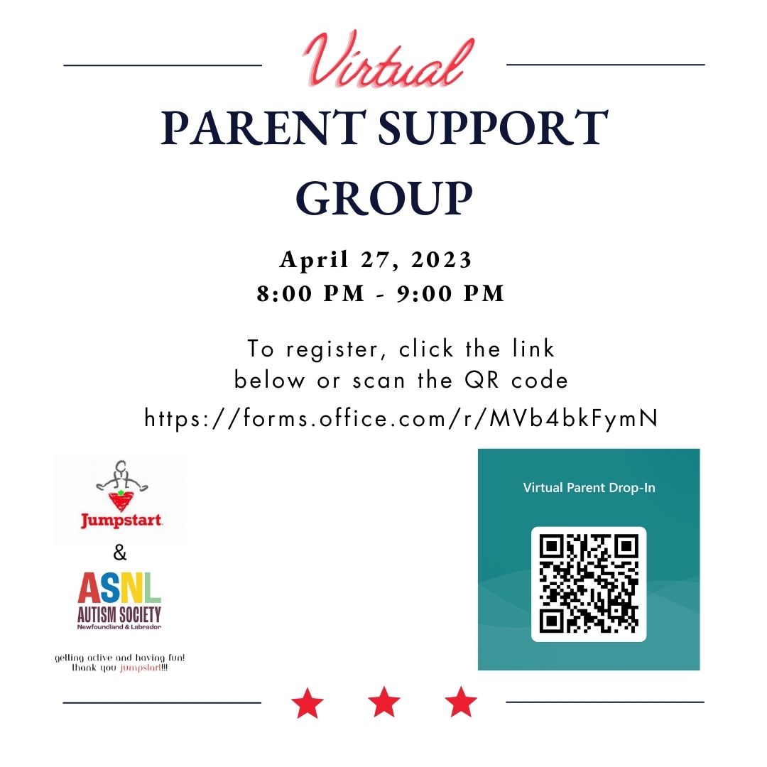 Parents/Caregivers of autistic children!  virtual session Thurs, Apr 27 from 8-9pm. Meeting link and reminder will be sent via email Thursday morning <a href="/CTJumpstart/">Canadian Tire Jumpstart Charities</a> 
 *Register today - forms.office.com/r/MVb4bkFymN