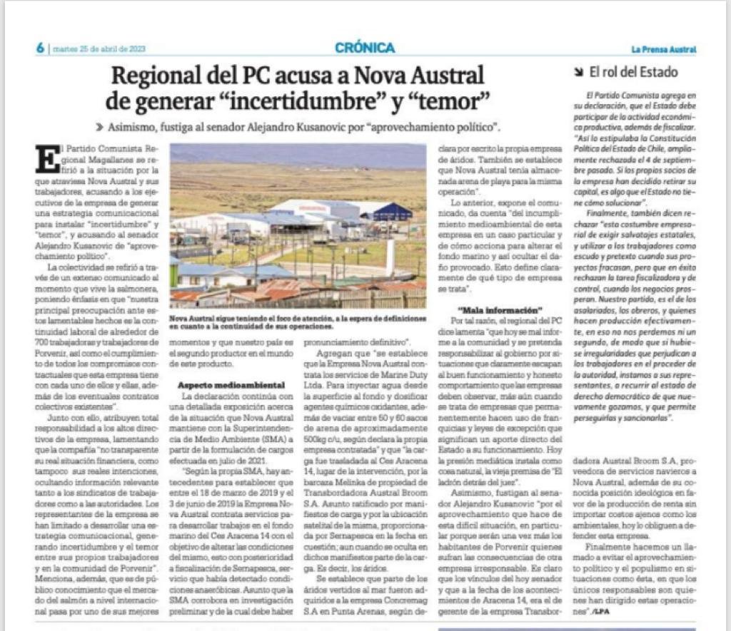 RodriguezManuel's tweet photo. PC de Magallanes acusa a empresa salmonera Nova Austral de generar incertidumbre y temor en Porvenir. https://t.co/5dcvCoIpCx
