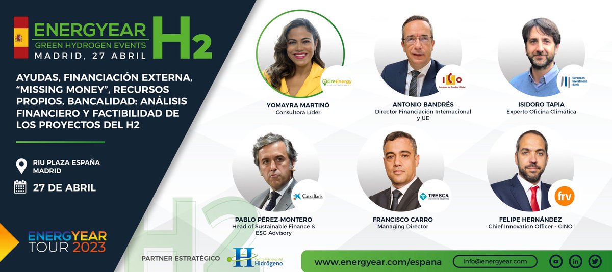 YMartino's tweet image. Inicia Energyear España 2023 y les invitamos a acompañarnos en el panel sobre financiación y bancabilidad de #hidrogeno #hidrogenoverde  junto a destacados expertos del mercado europeo. #Energyear #TransicionEnergetica #descarbonización