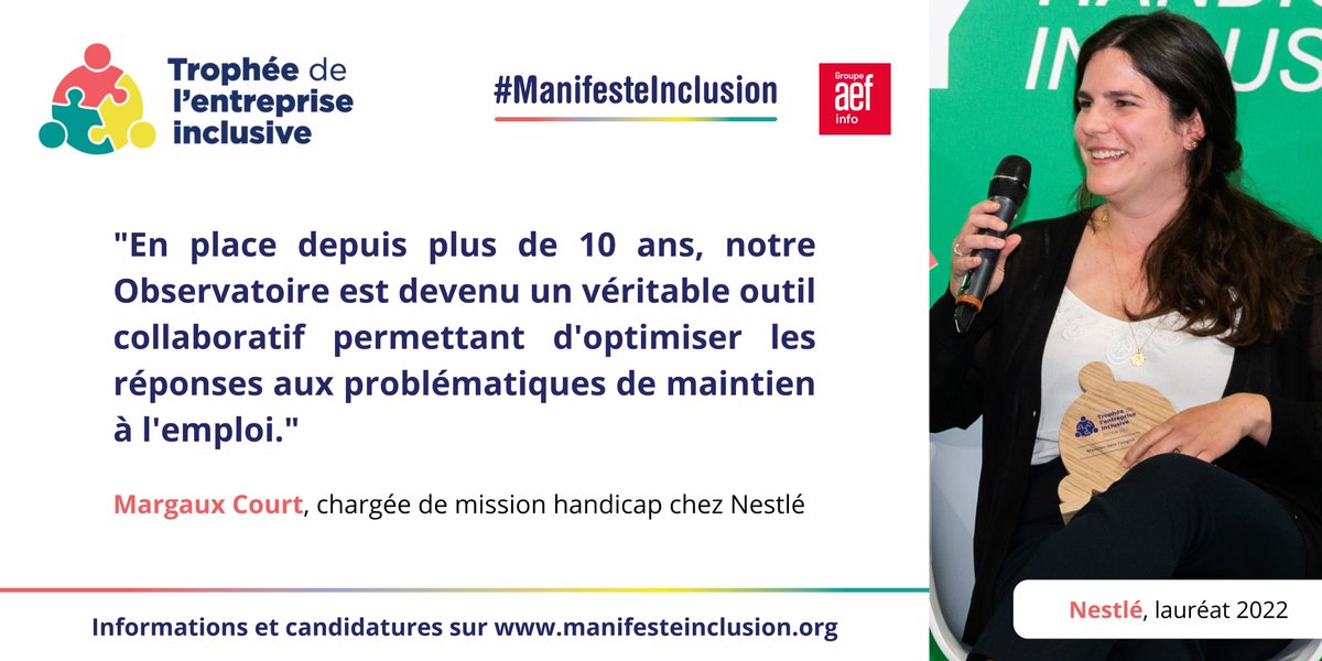 Manifeste Inclusion (@manifesteinclu1) on Twitter photo #Emploi et #handicap : zoom sur l'observatoire #MaintienEmploi mis en place par <a href="/NestleFr/">Nestlé France</a>, récompensé au #TrophéeEntrepriseInclusive 2022.
📹 tinyurl.com/bp87xb7z
📑 tinyurl.com/mr2cj445
Candidatures 2023 avant le 12 mai > tinyurl.com/3mr8ccz3 #Emploi et #handicap : zoom sur l'observatoire #MaintienEmploi mis en place par <a href="/NestleFr/">Nestlé France</a>, récompensé au #TrophéeEntrepriseInclusive 2022.
📹 tinyurl.com/bp87xb7z
📑 tinyurl.com/mr2cj445
Candidatures 2023 avant le 12 mai > tinyurl.com/3mr8ccz3