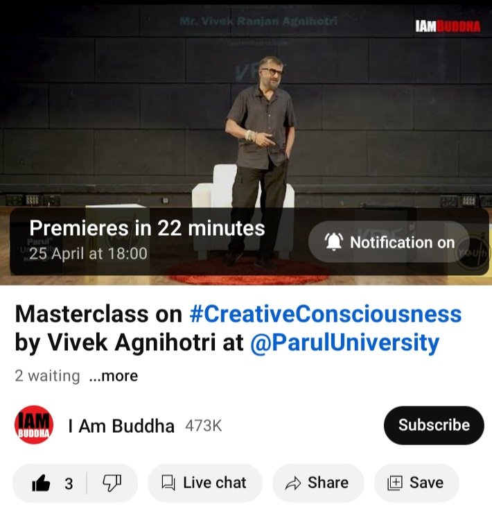 Today @vivekagnihotri Ji will be Live on #IAmBuddha You Tube Channel on 6 Pm IST for masterclass on #CreativeConsciousness  path of success .