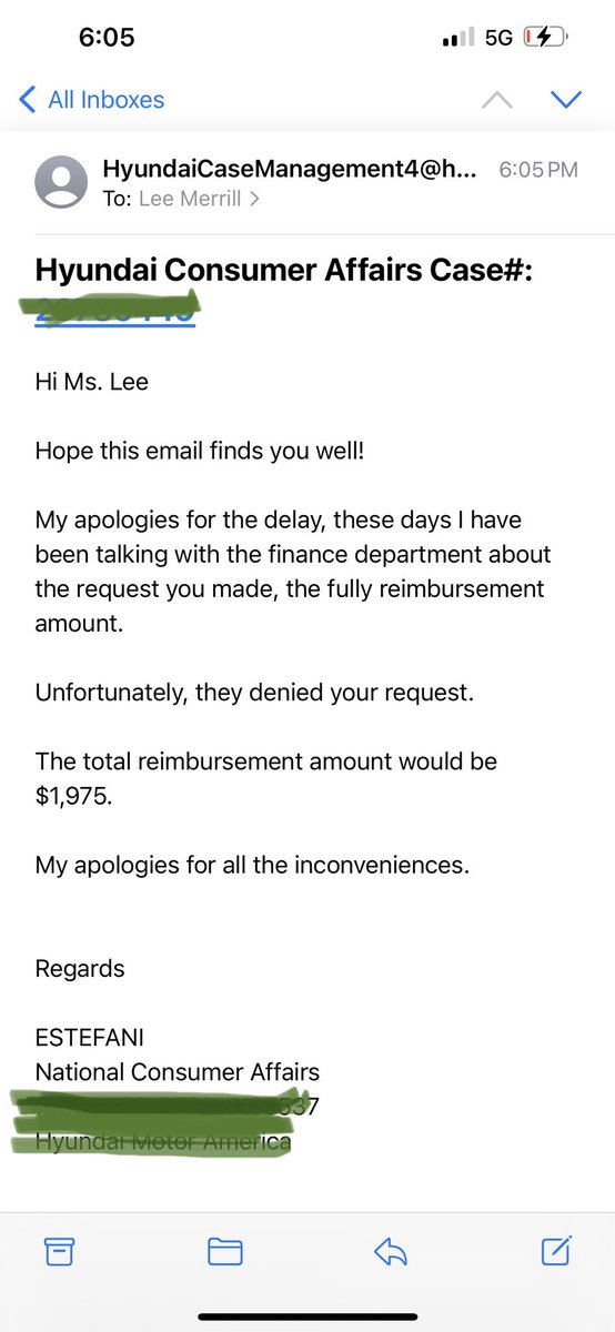 Dear <a href="/Hyundai/">Hyundai USA</a> 3.5 months and over $11k in car rental charges, I get this email saying you’re reimbursing me $1975??? In what universe is this acceptable? My engine failed due to a recall issue. I was promised rental reimbursement. Do better. #recall #ScamAlert
