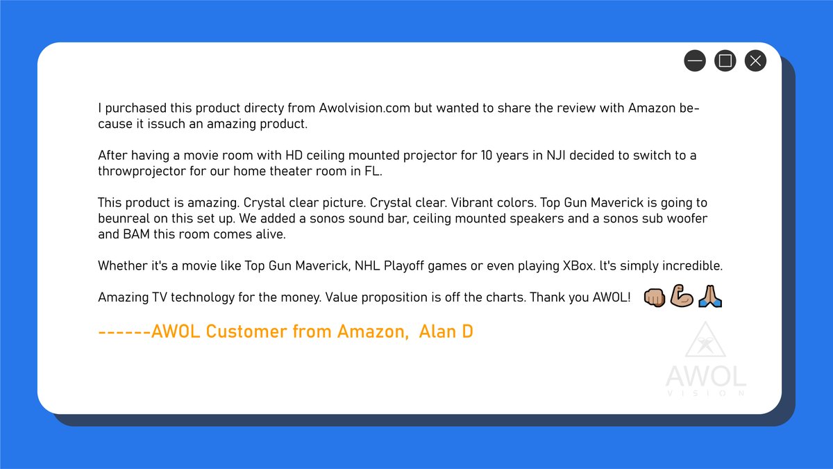 awol_vision's tweet photo. This product is amazing. Crystal clear picture. Crystal clear. Vibrant colors.
Amazing TV technology for the money. Value proposition is off the charts. Thank you AWOL! 📷📷📷
---AWOL Customer from Amazon, Alan D
#AWOLVISION #4kactive3D #BigScreen #homecinema #shortthrow https://t.co/nM1XouBveD