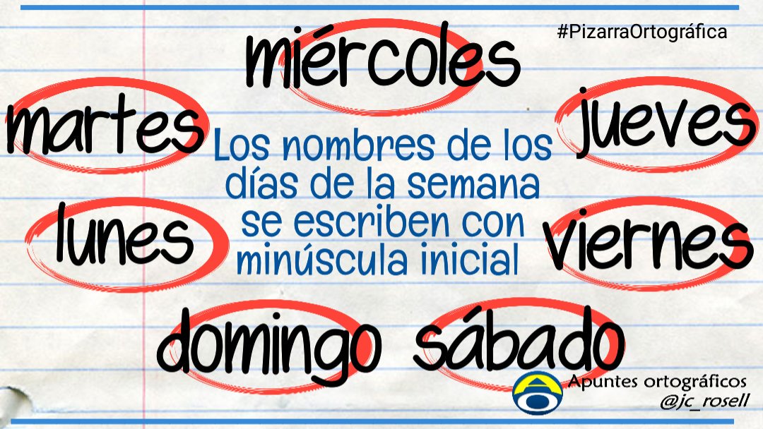jc_rosell's tweet photo. Los nombres de los días de la semana se escriben con minúscula inicial.
Solo van con mayúscula inicial si son parte del nombre de festividades, fechas o acontecimientos históricos, vías urbanas, etc.: Jueves Santo, Domingo de Ramos. 
#PizarraOrtográfica
#ApuntesOrtográficos https://t.co/f19yHmVFn4