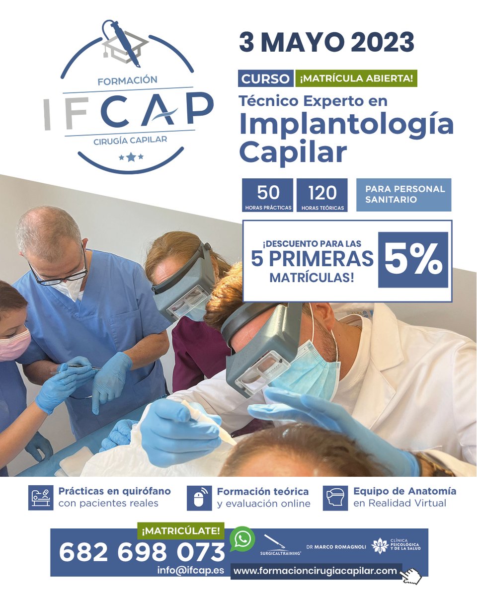 ifcapformacion's tweet photo. ¡EMPIEZA NUEVO CURSO EL 3 DE MAYO DE 2023!
Técnico Experto en Implantología Capilar
https://t.co/S0gHVVx43B
Prácticas en piel sintética · Prácticas en piel de cerdo · Prácticas en piezas anatómicas reales · Prácticas en quirófano con pacientes reales https://t.co/Q8Pvhpd8qw