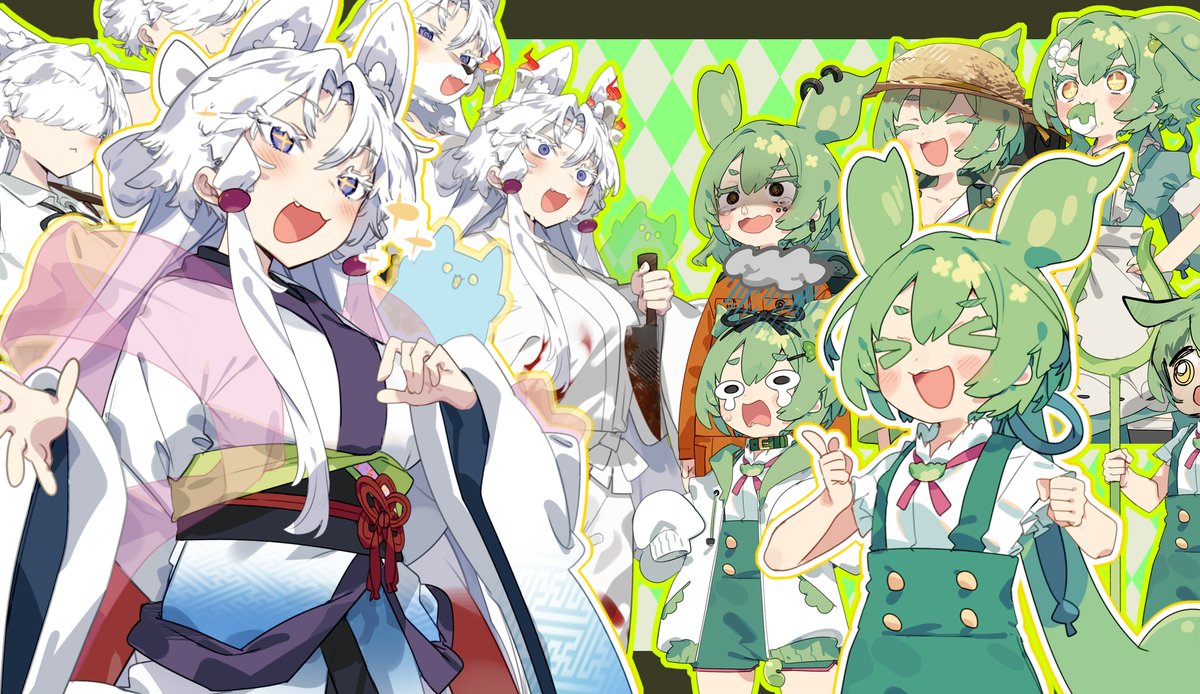 green hair japanese clothes kimono animal ears multiple girls white hair open mouth  illustration images