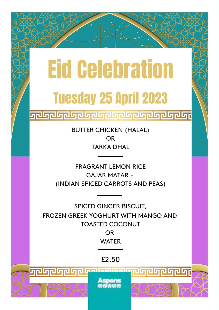 LadybridgeHigh's tweet photo. And a special themed menu from the Aspens catering team today for our #Eid celebrations this week! #Eid2023 #schoolmeals #themedmenu https://t.co/AjPhEySlyl