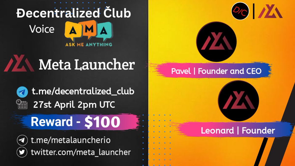 dens_club's tweet photo. DC Presenting a Voice #AMA🎉

📌 Venue : https://t.co/5b2oGGVSfT
⏰ When : 27 April 2pm UTC 
🤑 Reward : $100

10 winners will get $10 each
Twitter (5) &amp; Telegram (5)

1⃣ Follow @meta_launcher
2⃣ Like &amp; RT &amp; Tag 3 Friends 
3⃣ Post your questions.

#Giveaway #Airdrop #AMAs #Crypto https://t.co/Kz6yIzozN6