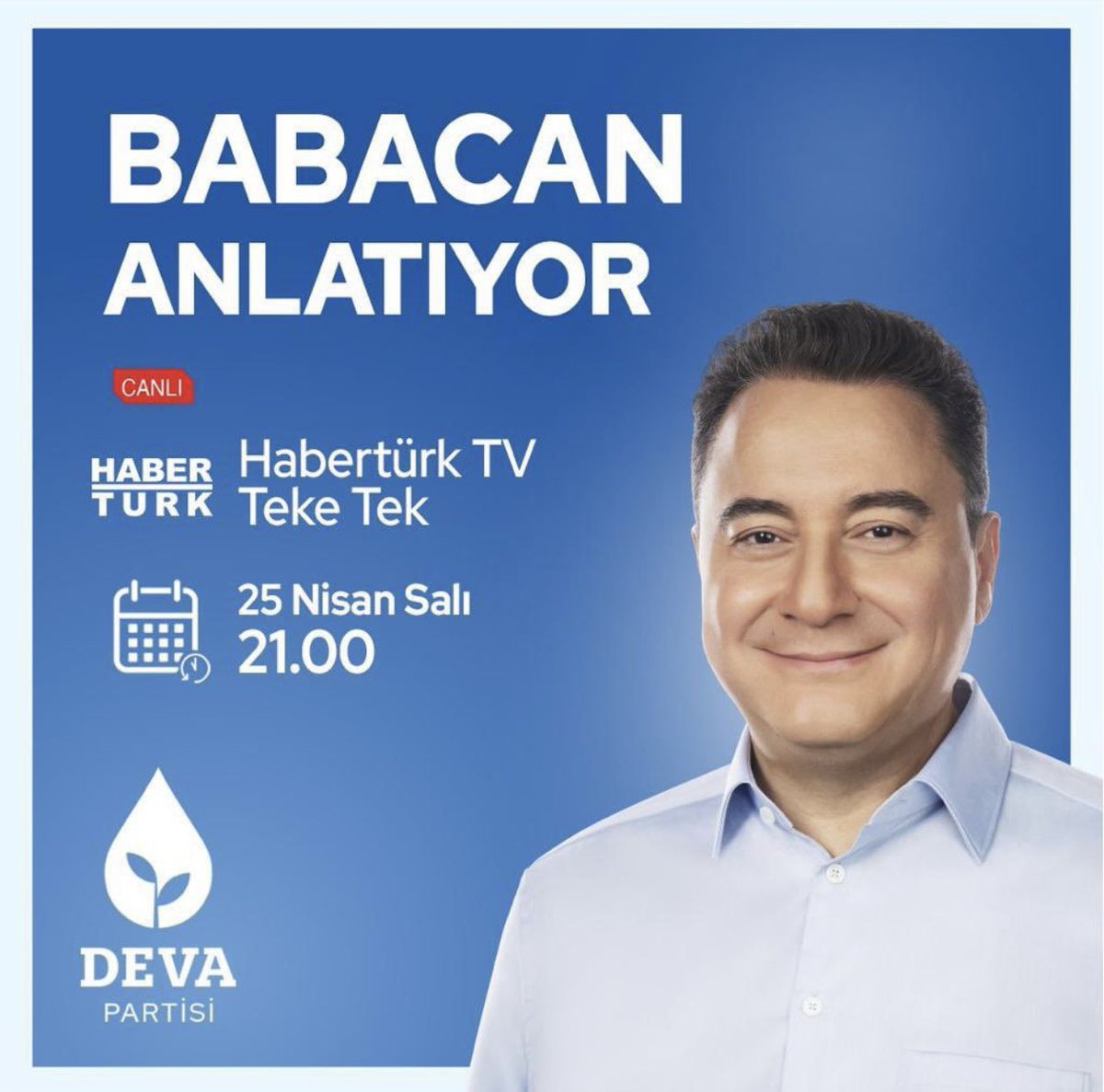 Genel Başkanımız Sn. Ali BABACAN Beyefendi bugün saat 21.00’de Habertürk TV kanalında Teke Tek programında seçim sürecine dair önemli açıklamalarda bulunacaktır.  <a href="/alibabacan/">Ali Babacan</a> <a href="/devapartisi/">DEVA Partisi</a> <a href="/MetinATABEY4/">Metin ATABEY</a>