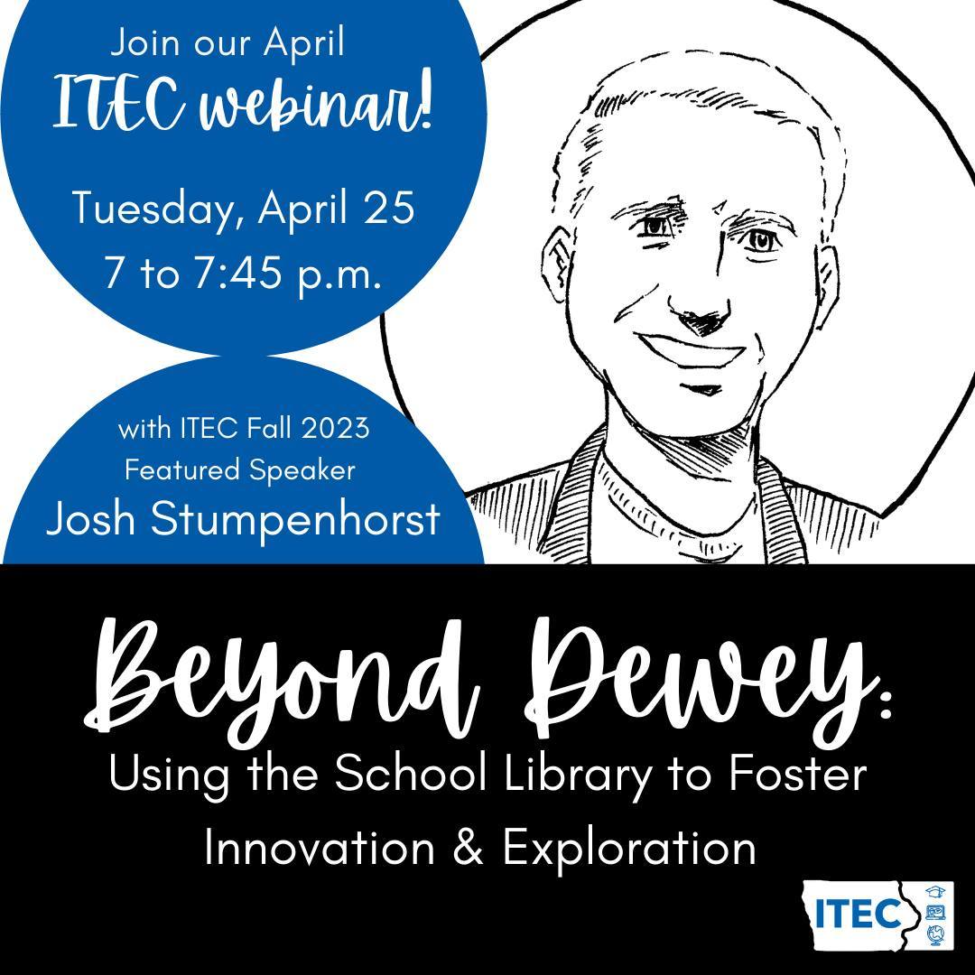 📚 Did you know April is School Library Month?!
📅  Join us on April 25 at 7 pm for a webinar by ITEC Featured Speaker & Teacher Librarian Josh Stumpenhorst!
🔗 Register today: buff.ly/3m6x79v 
#itecia #iaedchat #iowatl #GWAEALibs #FutureReadyLibs #ISTELib