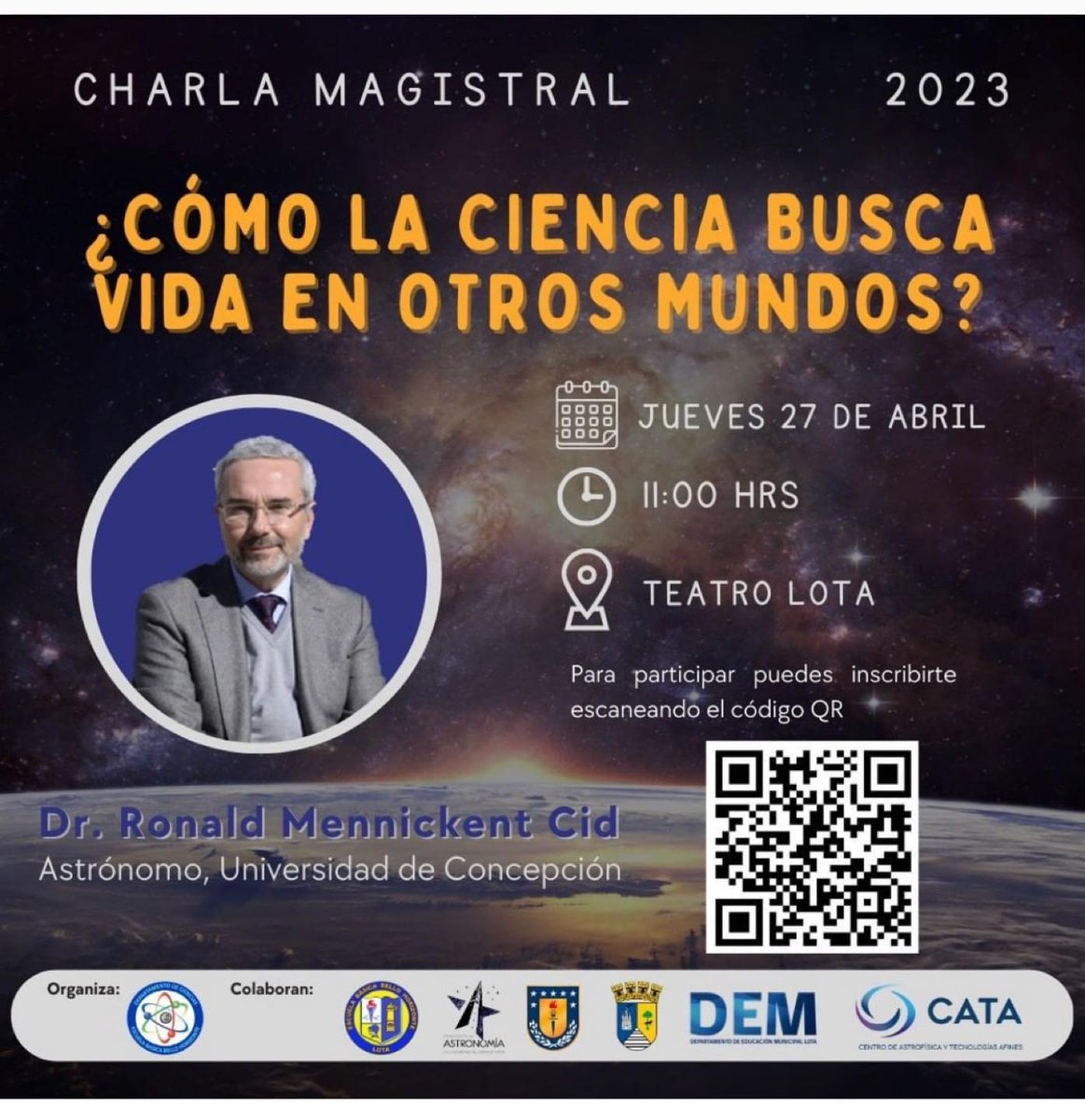 Si estás en Lota no te puedes perder este jueves 27 de abril la charla del astrónomo de la Universidad de Concepción y colaborador de @fuchas_ Ronald Mennickent (<a href="/rmennick/">Ronald Mennickent Cid</a> ) sobre "¿Cómo la Ciencia Busca Vida en Otros Mundos?". 11:00h.